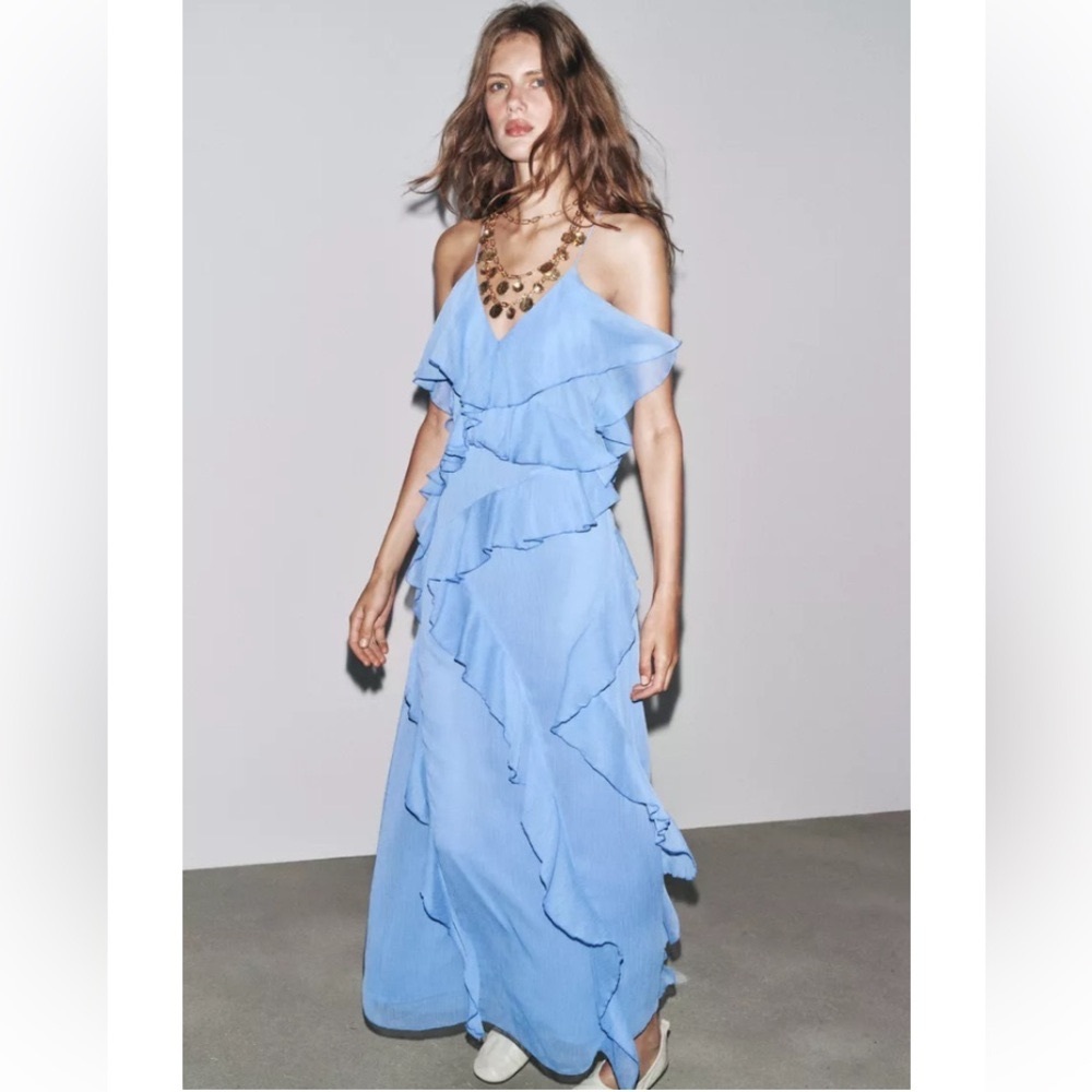 BNWT Zara Light Blue Ruffle Maxi Dress Large